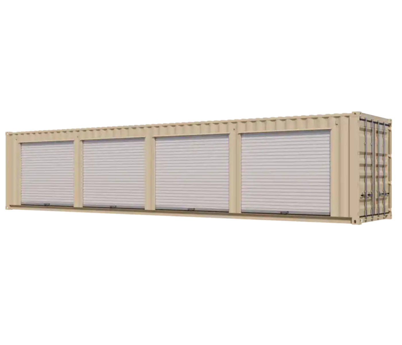 40ft New Storage Container w/ Four 8ft Roll-up Doors on Left Side