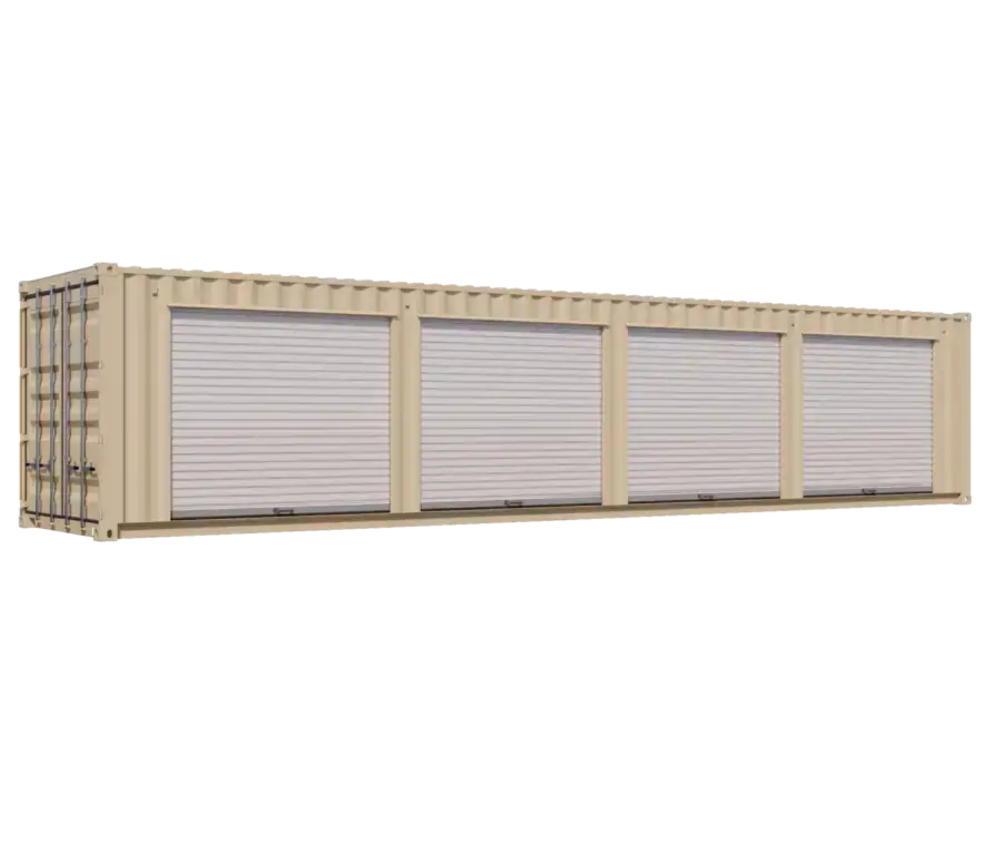 40ft New Storage Container w/ Four 8ft Roll-up Doors on Right Side