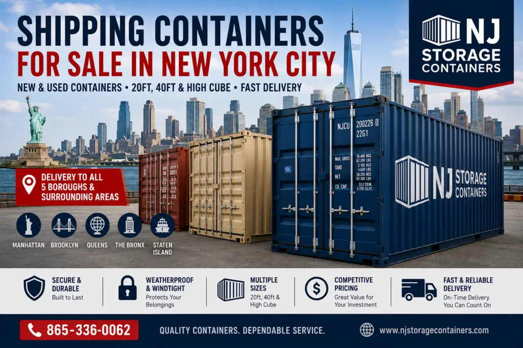New and used shipping containers for sale in New York City with 20ft and 40ft containers available for fast delivery from NJ Storage Containers.