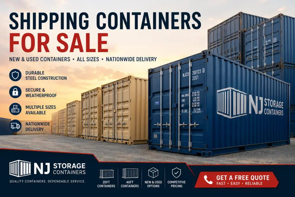 New and used shipping containers for sale at NJ Storage Containers with 20ft and 40ft cargo containers available for nationwide delivery across the USA.